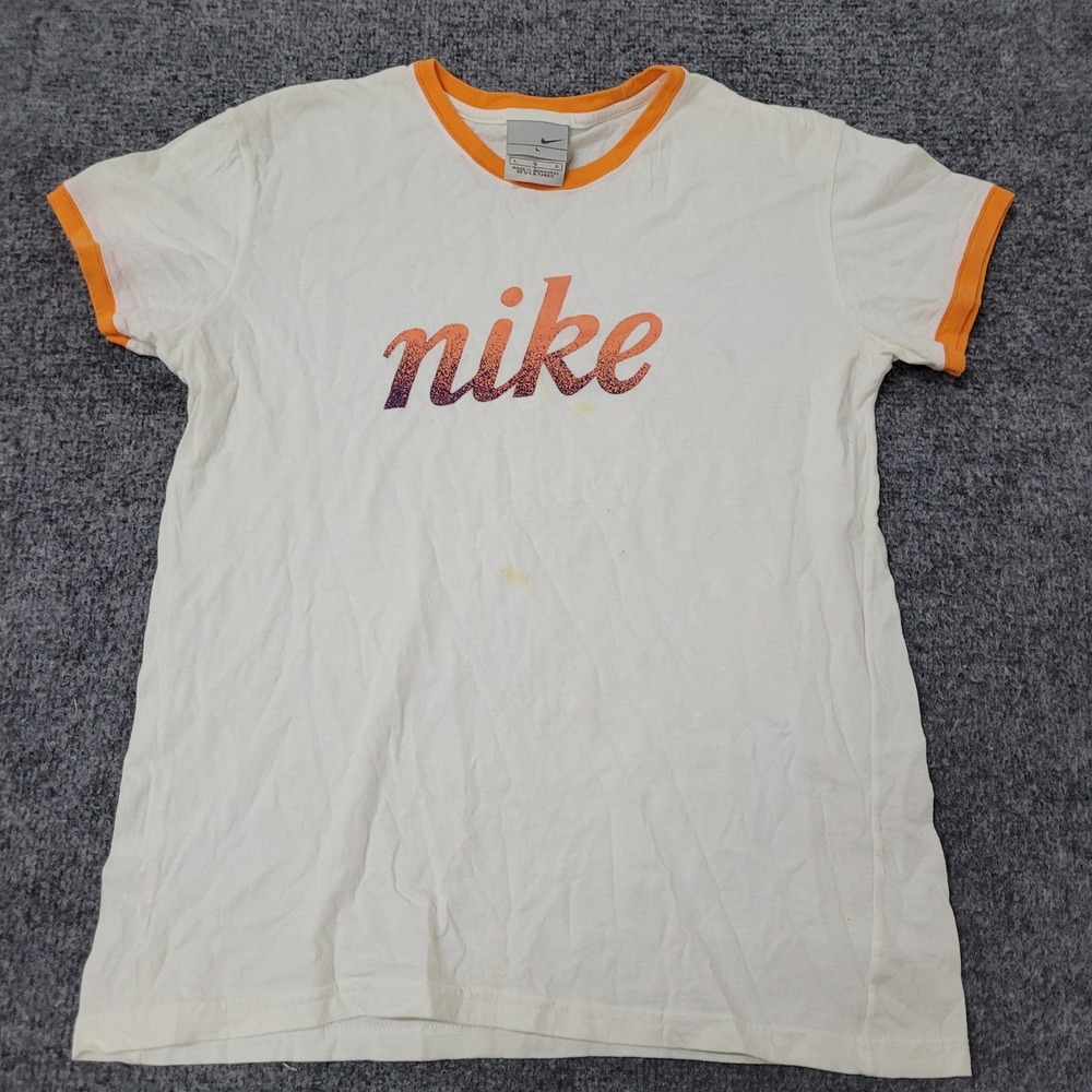 Nike T-Shirt Womens Size L White Orange Ringer Cotton Graphic Logo USA Fabric